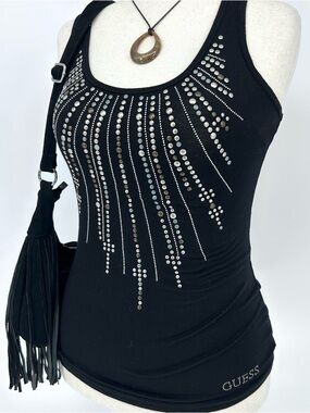 Guess Y2K Studded Tank Top Black Rhinestone Graphic Fitted Indie Sleaze